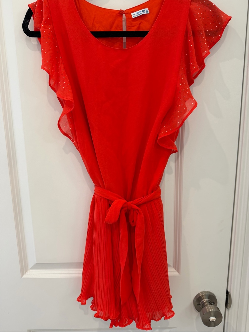 Mayoral Red Burnt Orange Ruffle Sleeve Belted Pleated Romper